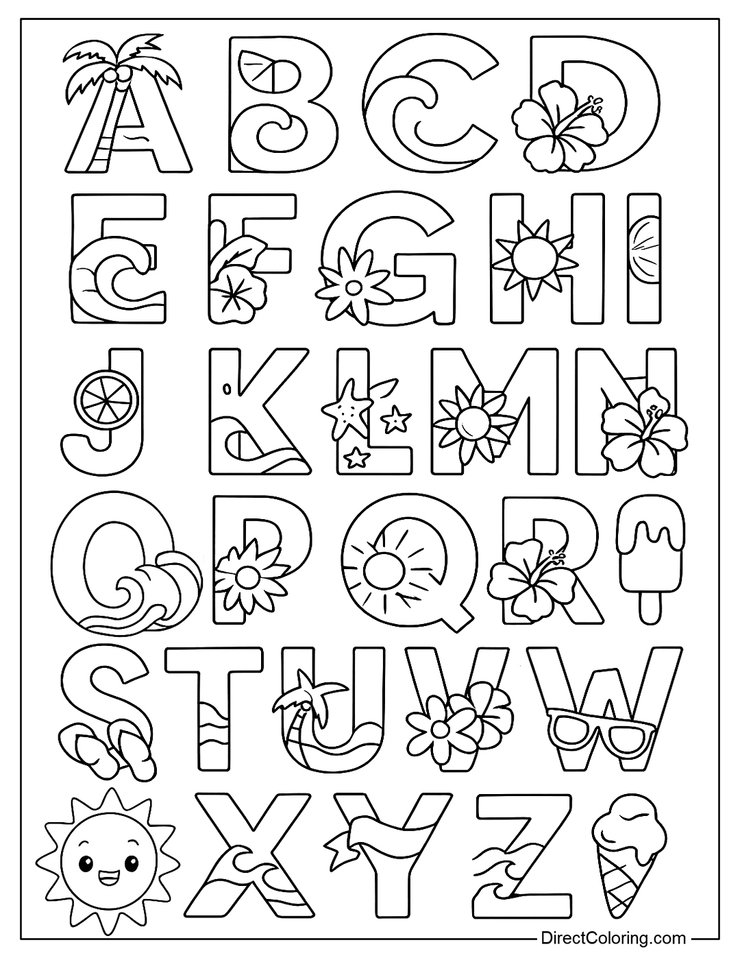 coloring page of Summer Alphabets decorated with sun, ice cream, sea and flowers